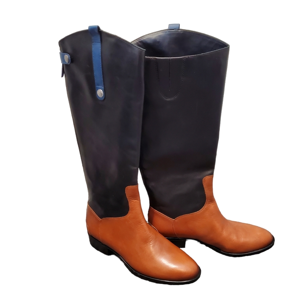 NWOT Sam Edelman Black, Brown & Blue Leather Penny Mixed Media Riding Boots Sz 9